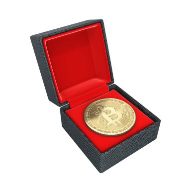 Beyaz arka plan olmadan gölge 3d illustratio bir hediye kutusunda Bitcoin 3d izometrik fiziksel madeni para