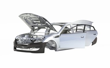 Vücut araba beyaz arka plan üzerinde 3d illüstrasyon izole gölge olmadan hiçbir tekerlek ile