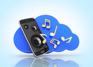 Müzikal smartphone cep telefonu müzik app cep telefonu ve hoparlörler ile bulut bulut depolama mavi degrade Tarih kavramı arka plan 3d 
