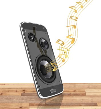 Müzikal smartphone cep telefonu müzik app cep telefonu ve ahşap zemin ve beyaz üzerine notlar ile hoparlörler arka plan 3d