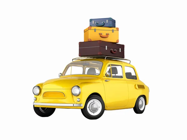 Kleines Retro Auto Mit Taschen Reisekonzept Isoliert Auf Weißem Hintergrund — Stockfoto