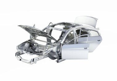 Vücut araba ile bir gölge olmadan hiçbir tekerlek üzerinde beyaz arka plan 3d
