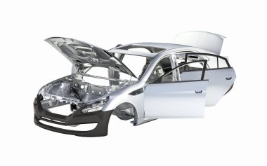 Vücut araba beyaz arka plan 3d render gölge olmadan hiçbir tekerlek ile