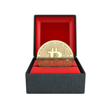 Beyaz arka plan 3d çizim gölge olmadan bir hediye kutusunda Bitcoin 3d izometrik fiziksel madeni para