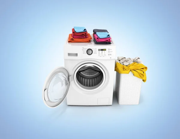 汚れた服青のグラデーション背景 のレンダリングに分離を扉の開いている洗濯機色のタオルと洗濯かご洗濯の概念 — ストック写真