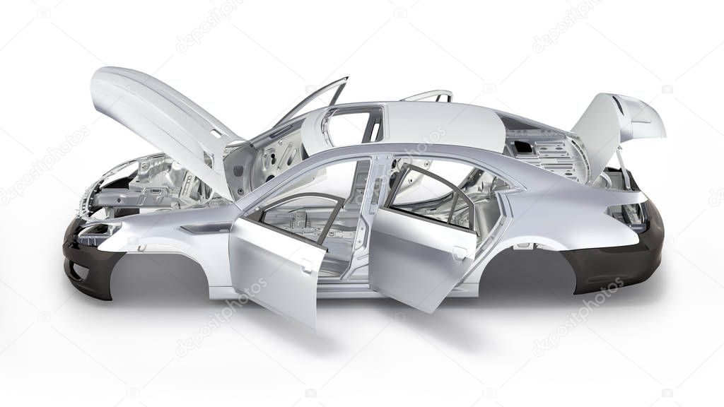 body car with no wheel side view on white background 3d