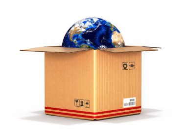 Dünya üzerinde beyaz izole bir karton kutu içinde arka plan 3d