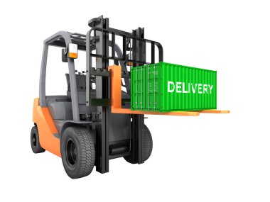 Beyaz arka plan 3d render gölge olmadan üzerinde küçük kargo nakliye konteyner taşıma forklift izole