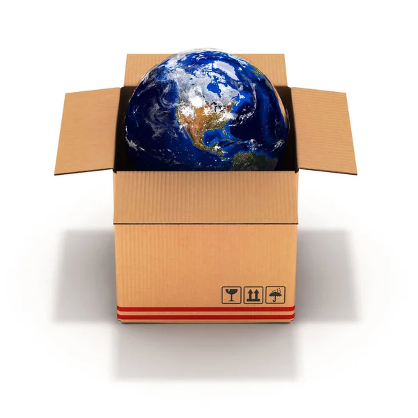 Earth Cardboard Box Isolated White Background — Stock Photo, Image