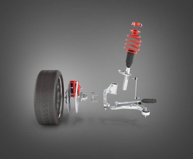 Ayrıntılar üzerinde siyah degrade izole tekerleği ile arabada süspansiyon arka plan 3d