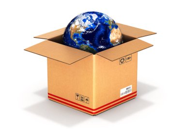 Dünya üzerinde beyaz izole bir karton kutu içinde arka plan 3d