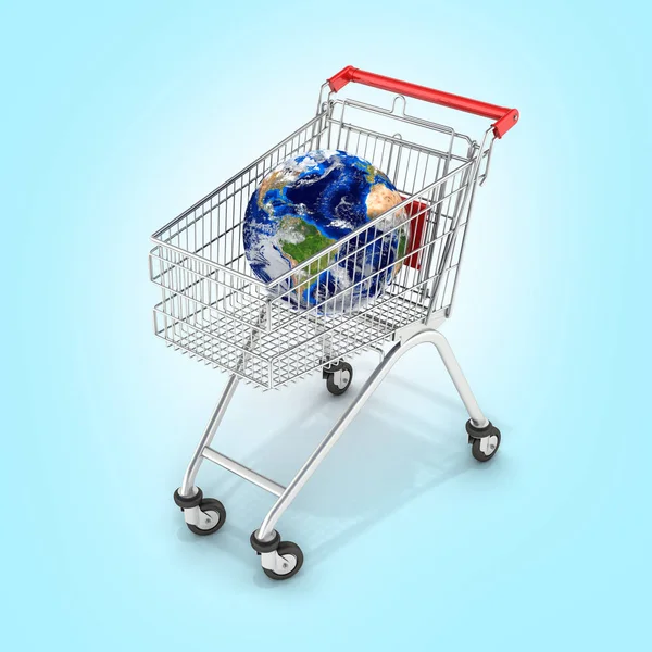Handlowej Wózek Glob Koncepcja Supermarket Koszyk Globe Niebieski Gradient Backgtound — Zdjęcie stockowe