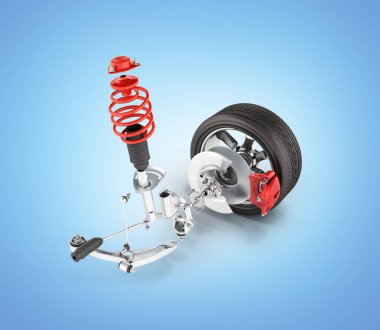 Ayrıntılar üzerinde mavi degrade izole tekerleği ile arabada süspansiyon arka plan 3d