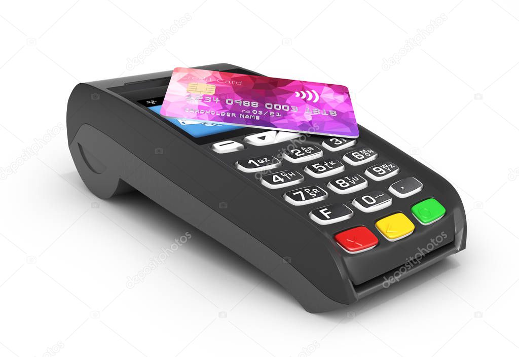 Payment touch concept POS terminal with credit card on it isolated on white background 3d render