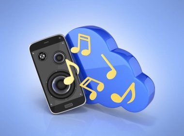 Müzikal smartphone cep telefonu müzik app cep telefonu ve hoparlörler ile bulut bulut depolama mavi degrade Tarih kavramı arka plan 3d