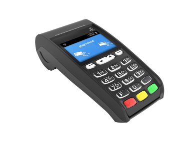 Beyaz arka plan 3d render gölge olmadan üzerinde Pos terminal kartı ödeme terminal izole