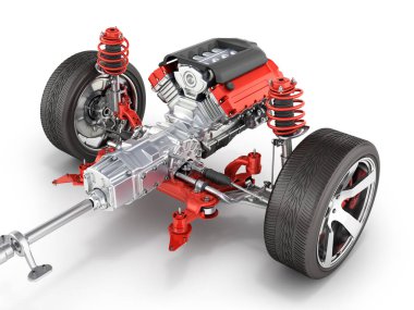 Süspansiyon arabanın ile tekerlek ve motor şasi üzerinde beyaz izole ayrıntılı arka plan 3d