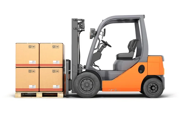 Truk forklift dengan kotak di palet 3d — Stok Foto