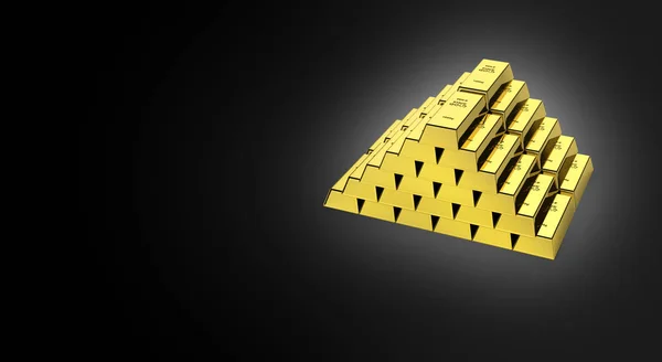 Barras de ouro em uma pirâmide em fundo gradiente preto com lugar f — Fotografia de Stock