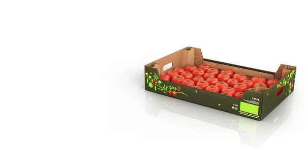 Pomodori freschi in scatola isolati su bianco con riflesso e luogo — Foto Stock