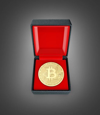 Bitcoin 3d izometrik fiziksel para bir hediye kutusunda siyah gradie