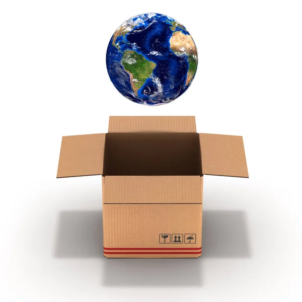 Embalagem planeta Terra em uma caixa de papelão ilustração 3d — Fotografia de Stock