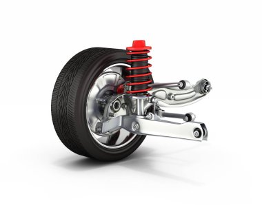 süspansiyon üzerinde beyaz izole tekerleği ile otomobilin arka plan 3d
