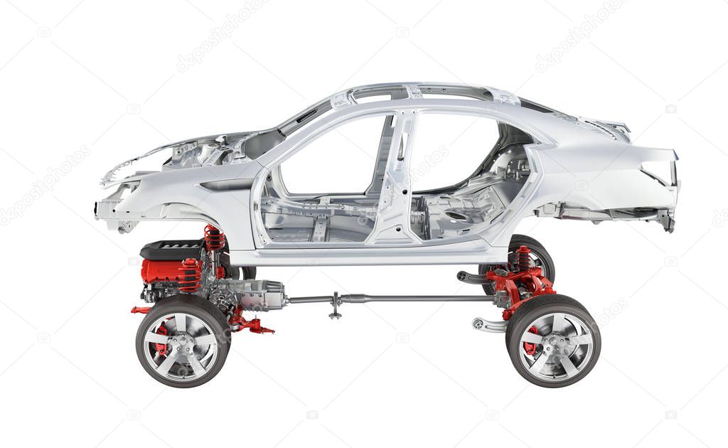 Body and suspension of the car with wheel and engine Undercarria