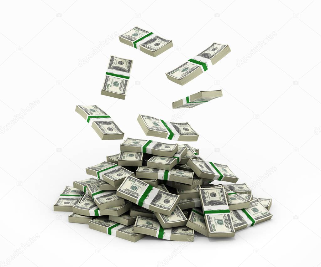 Stack of money american dollar bills falling into a pile 3d