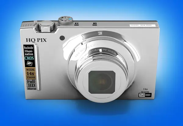Câmera de foto digital no fundo azul renderização 3d — Fotografia de Stock