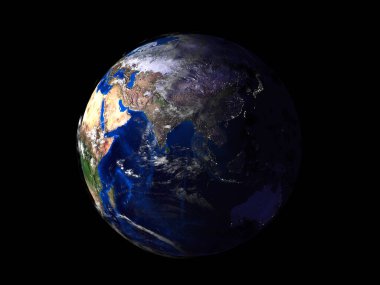 Dünya gezegeni uzaydan gelen siyah arka plan görüntüsü üzerinde 3d