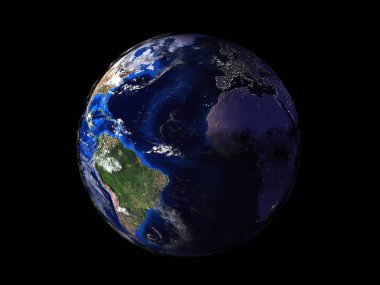 Dünya gezegeni uzaydan gelen siyah arka plan görüntüsü üzerinde 3d