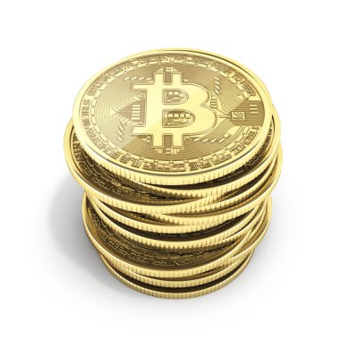 Altın sikke 3d izometrik fiziksel bit sikke yığını Bitcoin kazmak