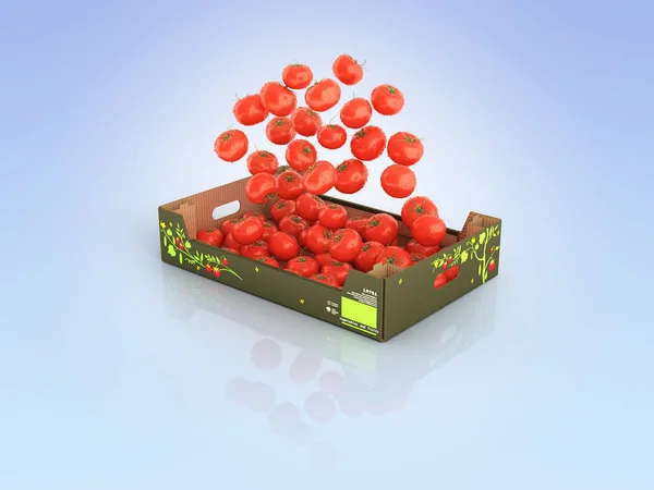 Tomatoes fall into the box on blue gradient background with refl — Stock Photo, Image