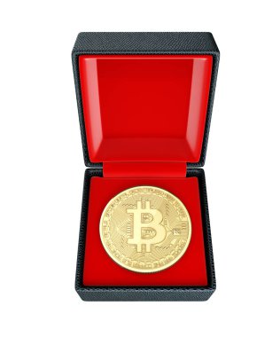Bitcoin 3d izometrik fiziksel para beyaz backgr bir hediye kutusunda