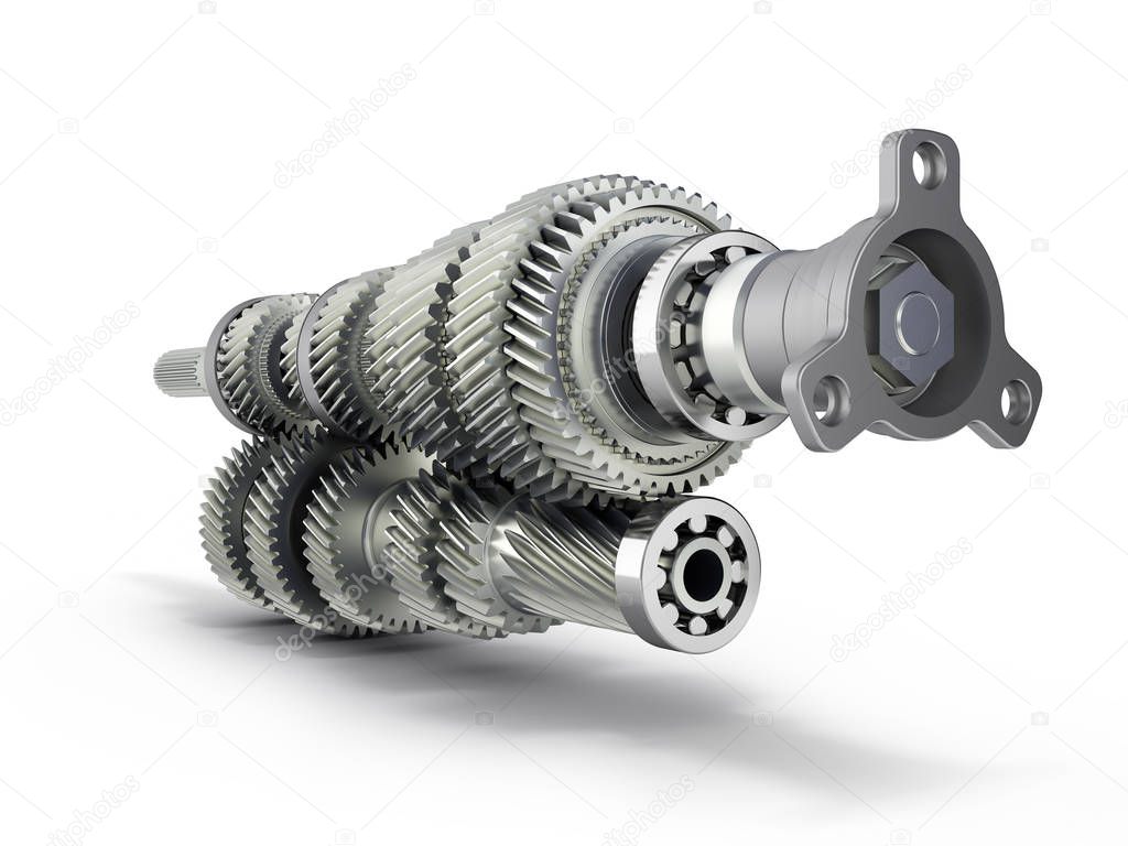 Automotive transmission gearbox Gears inside on white background