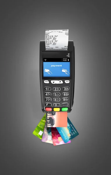 Card payment terminal POS terminal with credit cards and receipt — Stock Photo, Image