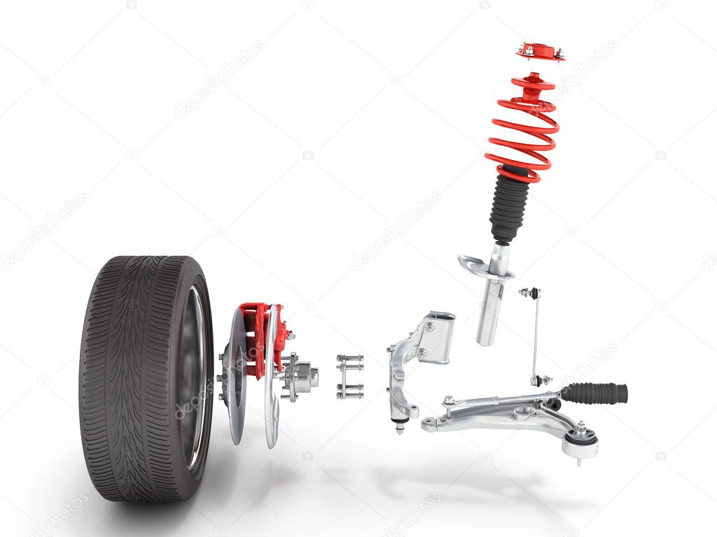 Suspension of the car in details with wheel isolated on white ba