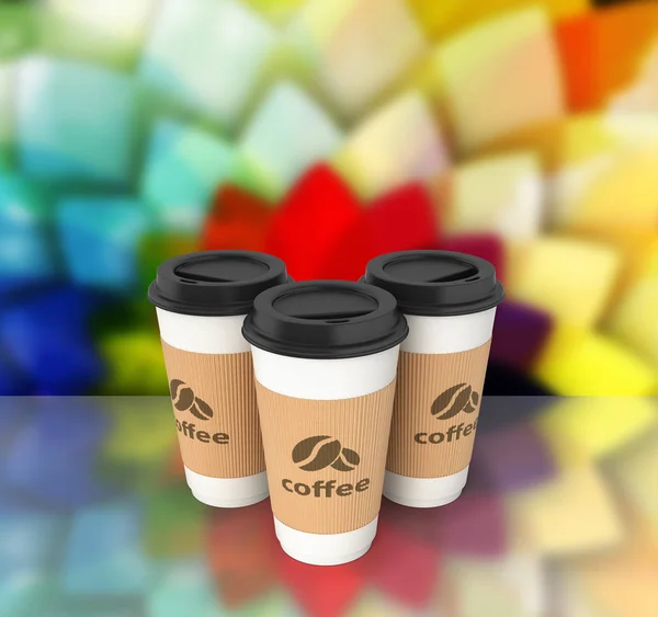 Koffie kopjes op abstract achtergrond 3d — Stockfoto