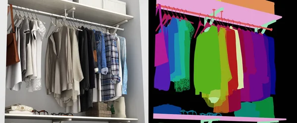Roupeiro embutido parede com roupas 3d render com cor alfa m — Fotografia de Stock