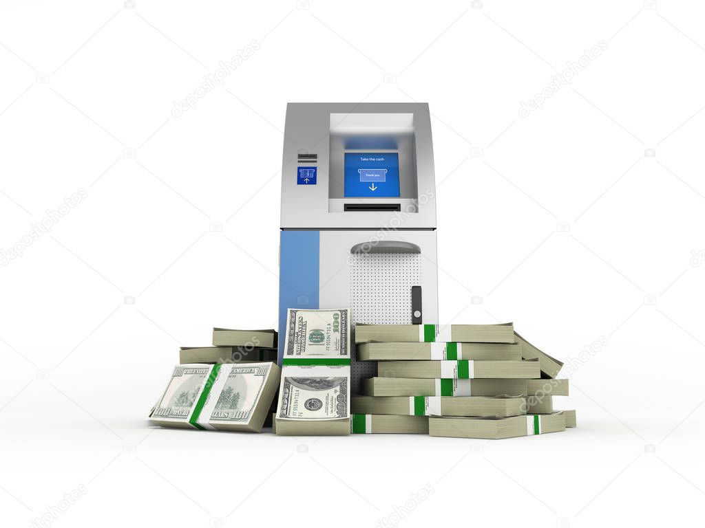 ATM surrounded by 100 dollar bankrolls Bank Cash Machine in pile