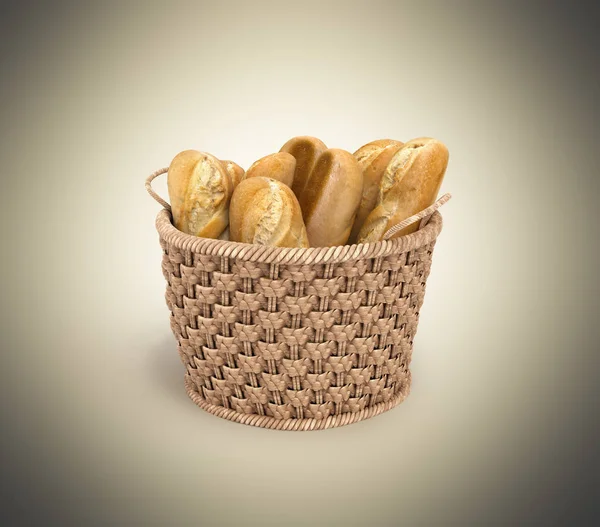 Хліб у плетеному кошику ізольований на теплому градієнтному фоні 3d — стокове фото