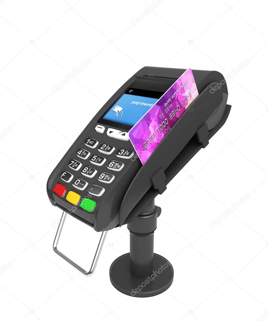 payment concept POS terminal with credit card isolated on white 