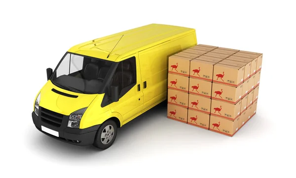 Κίτρινο φορτηγό παράδοσης με χαρτοκιβώτια 3D — Φωτογραφία Αρχείου