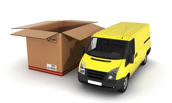 Żółty dostawka z otwartym kartonowym pudełkiem 3D — Zdjęcie stockowe