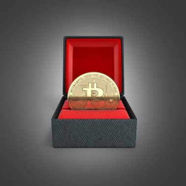 Bitcoin 3d izometrik fiziksel para bir hediye kutusunda siyah gradie
