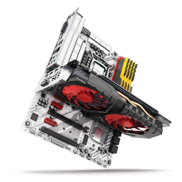 Motherboard complete with ��PU, RAM and video card solated on wh — Stock Photo, Image