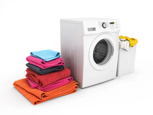 Conceito de roupa de lavar Máquina de lavar roupa com toalhas coloridas a — Fotografia de Stock