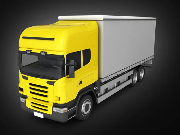 Жовтий вид з перспективи доставки вантажівки на чорному тлі 3D — стокове фото