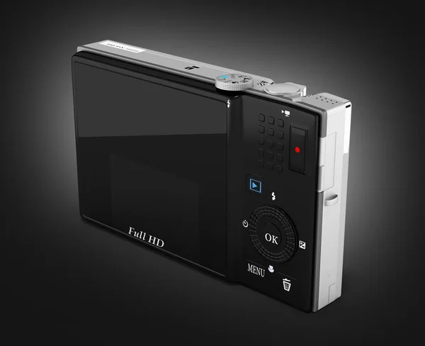 Câmera de foto digital em fundo gradiente preto renderização 3d — Fotografia de Stock